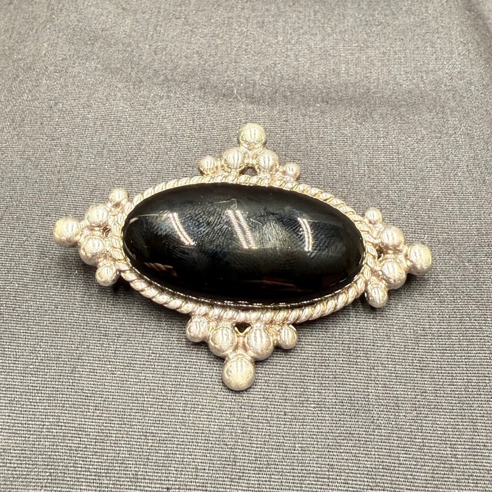 Premier Designs Vintage Black Cabochon Brooch Pin Pendant Silvertone Boho Gothic